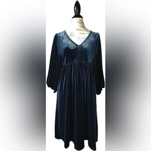 Part Two “Thalea” Velvet Midi Dress-Embroidered V-Neck & Bishop Sleeves Size S
